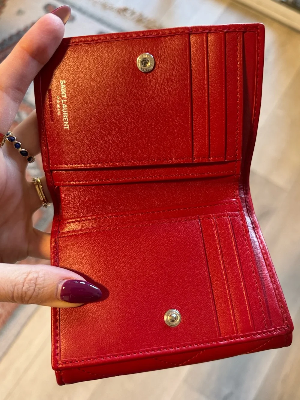 Saint Laurent Red LouLou Quilted Leather Envelope Wallet with Silver Hardware - Picture 3 of 5